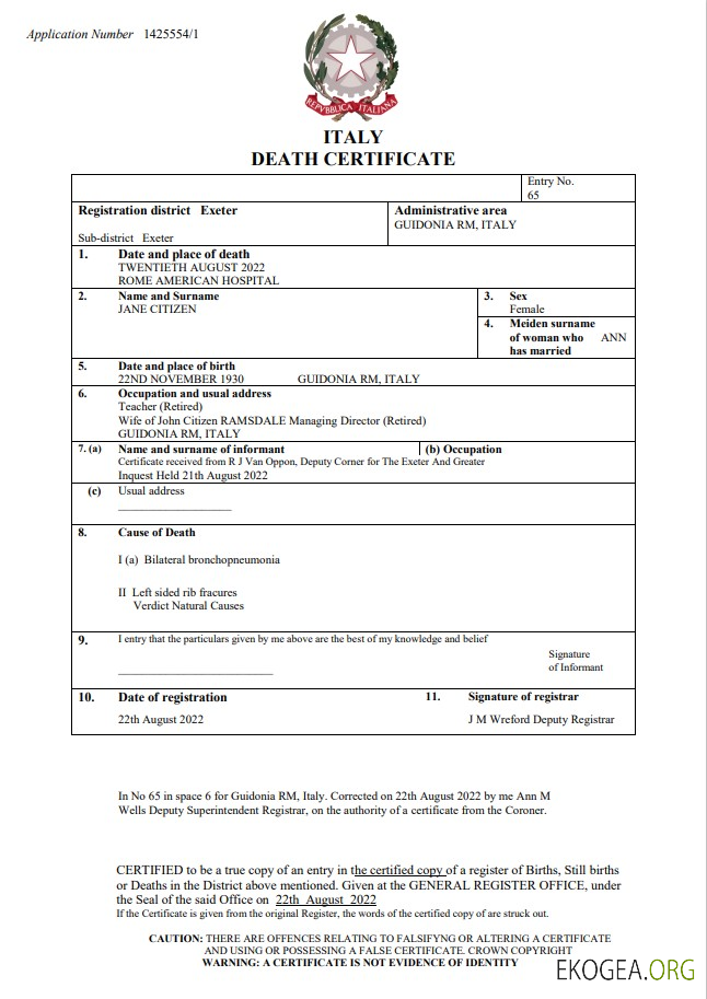 Modèle Word et PDF de certificat de décès de l'état civil italien